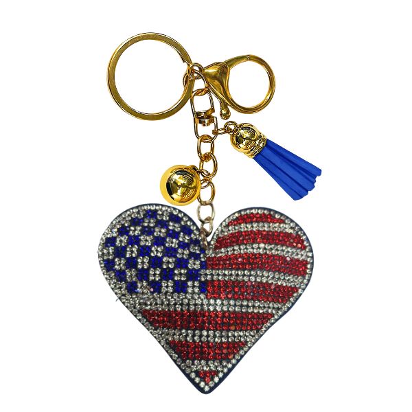 American Flag Heart Crystal Bling Keychains